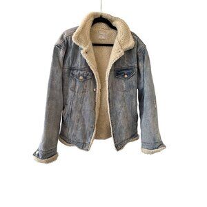 The Lemon Womens Distressed Sherpa-Lined Denim Jacket